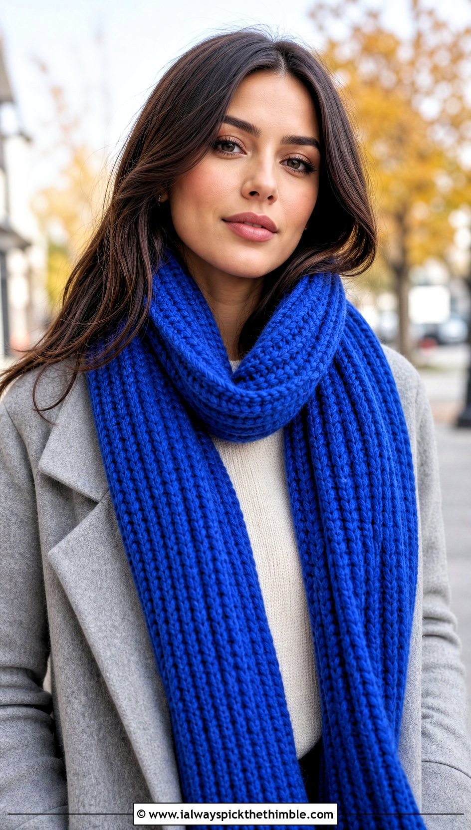 Chunky Ribbed Crochet Scarf With Wool Coat - 15 Crochet Fall Scarf outfit ideas