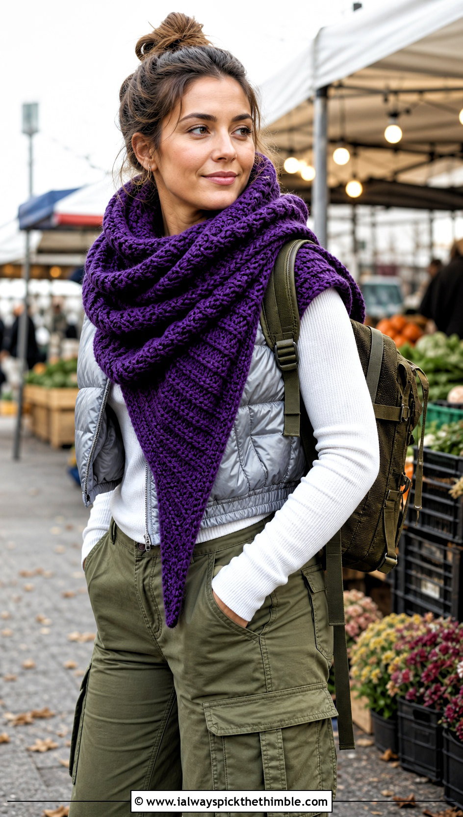 Chunky Ribbed Crochet Shawl With Puffer Vest And Cargo Pants - 15 Easy Crochet Shawls outfit ideas