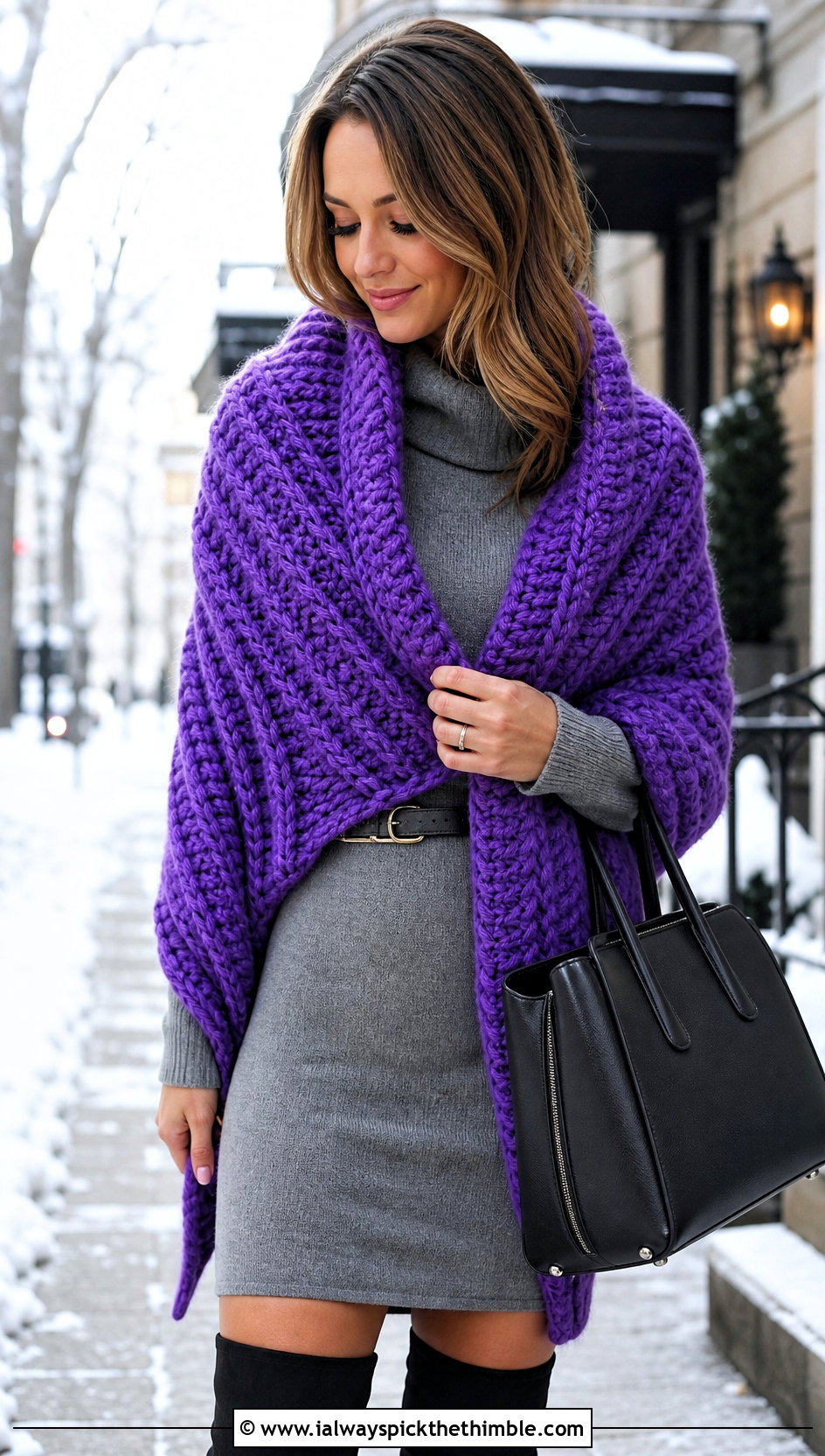 Chunky Ribbed Crochet Shawl With Sweater Dress - 20 Crochet A Shawl outfit ideas