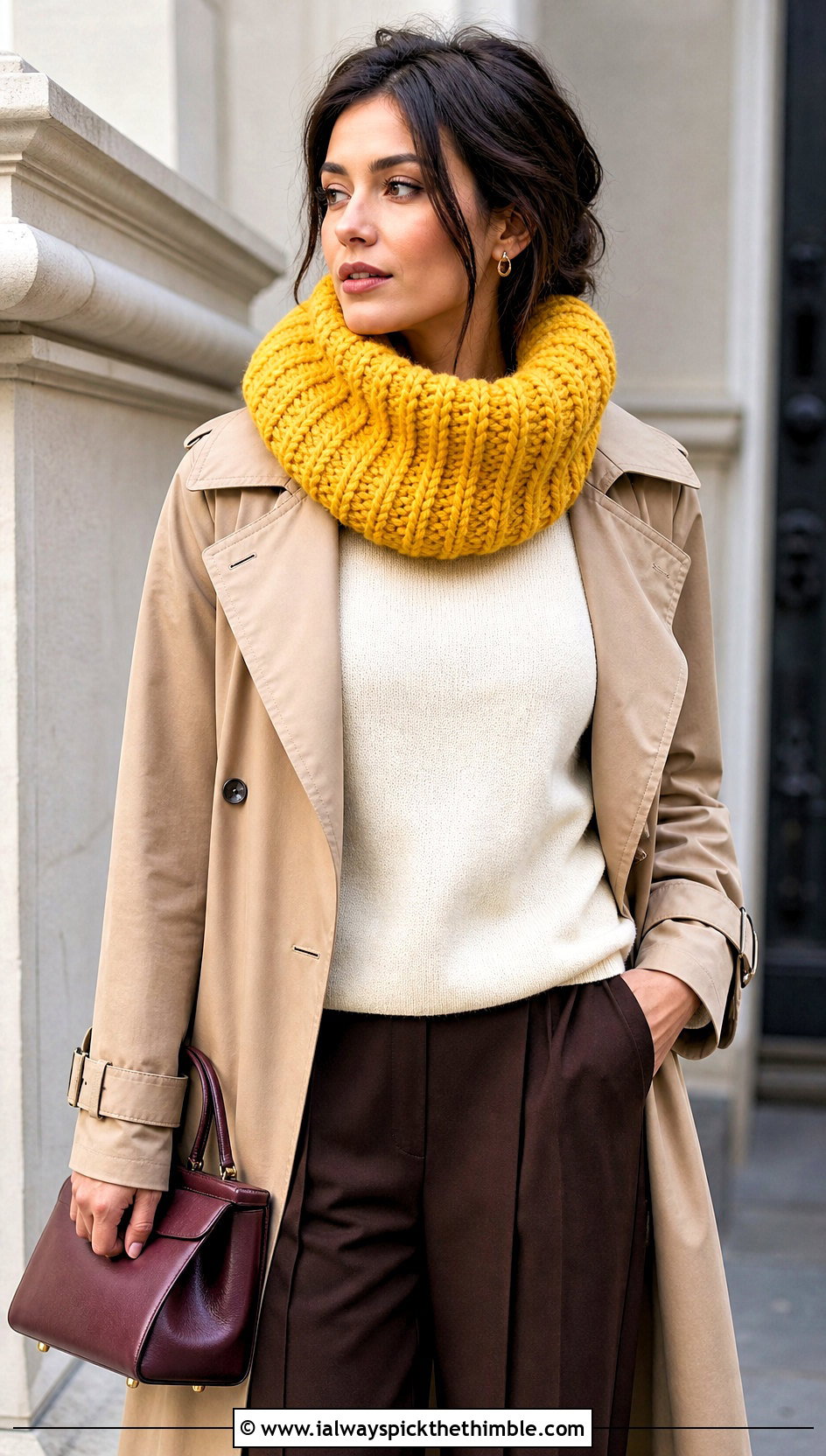 Chunky Ribbed Crochet Snood Cowl With Trench Coat - 20 crochet snood cowl outfit ideas