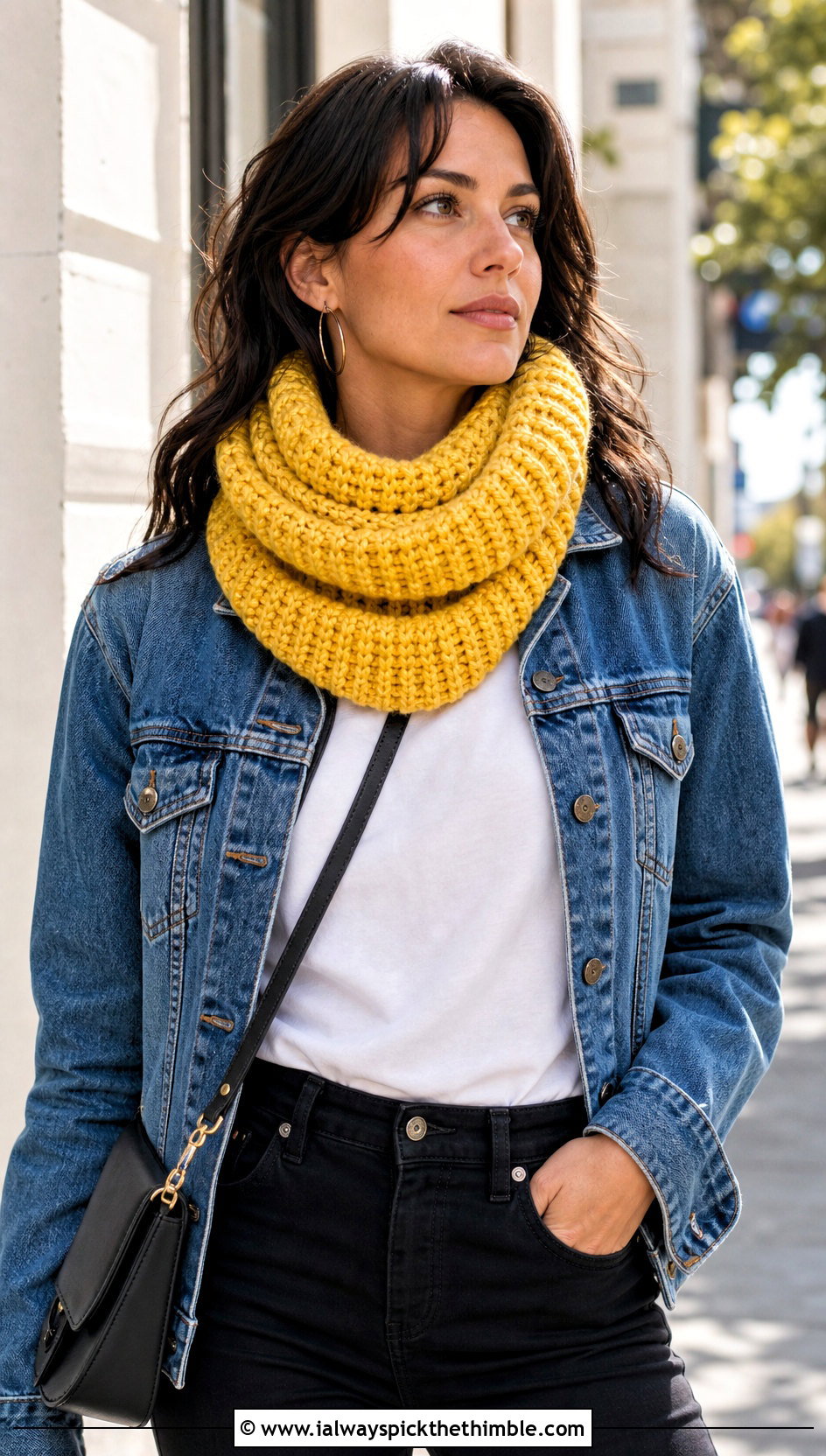 Chunky Ribbed Crochet Snood Scarf With Denim Jacket - 20 crochet snood scarf outfit ideas