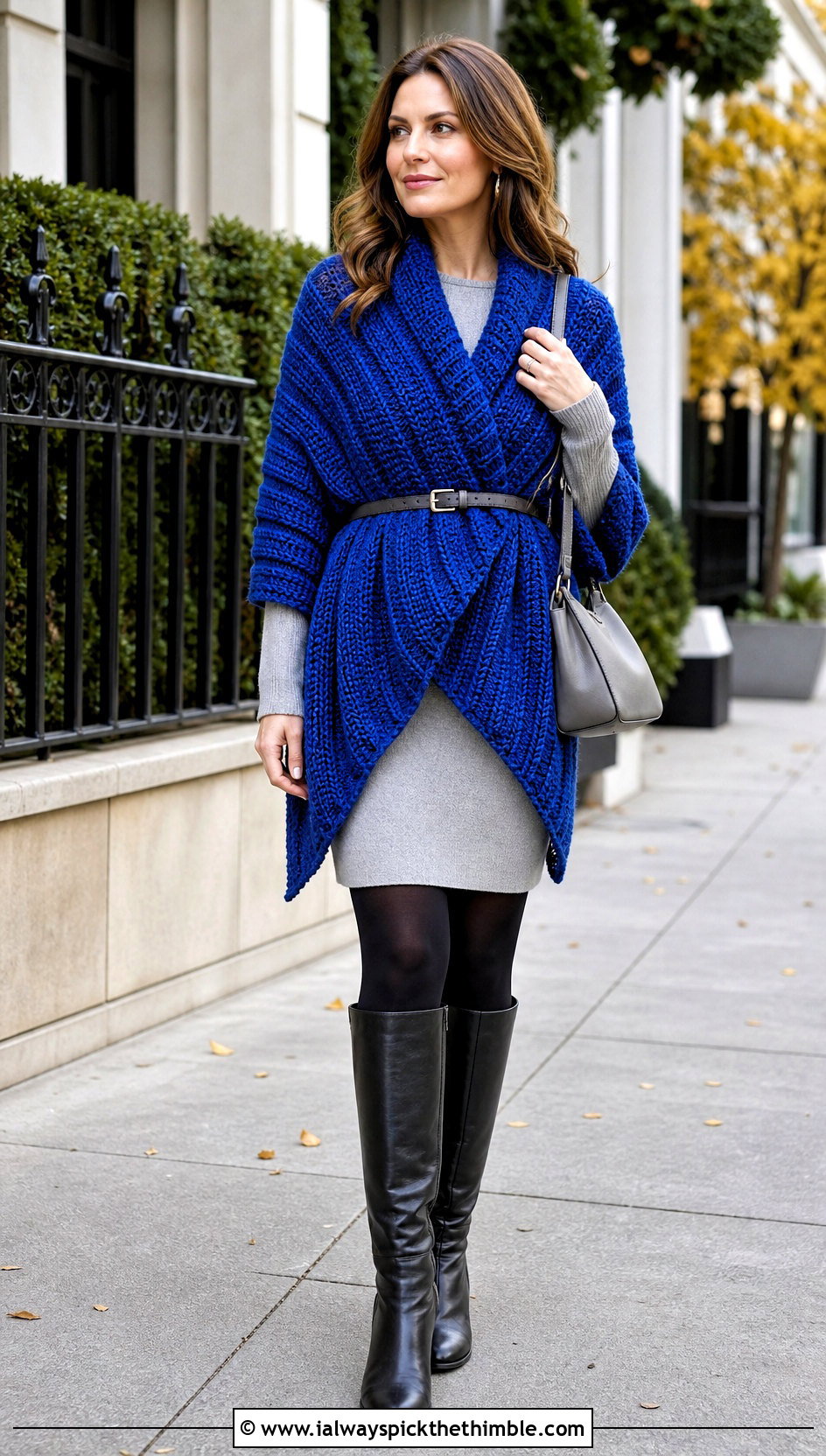 Chunky Ribbed Crochet Sweater Shawl With A Sweater Dress - 20 crochet sweater shawl outfit ideas