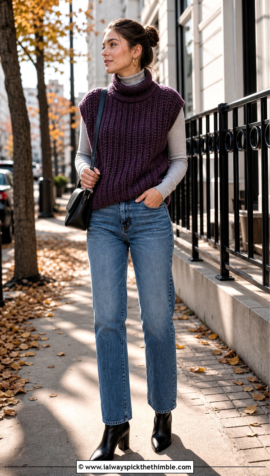 Chunky Ribbed Crochet Sweater Vest With Turtleneck And Jeans - 15 Boho Style Crochet Vest outfit ideas
