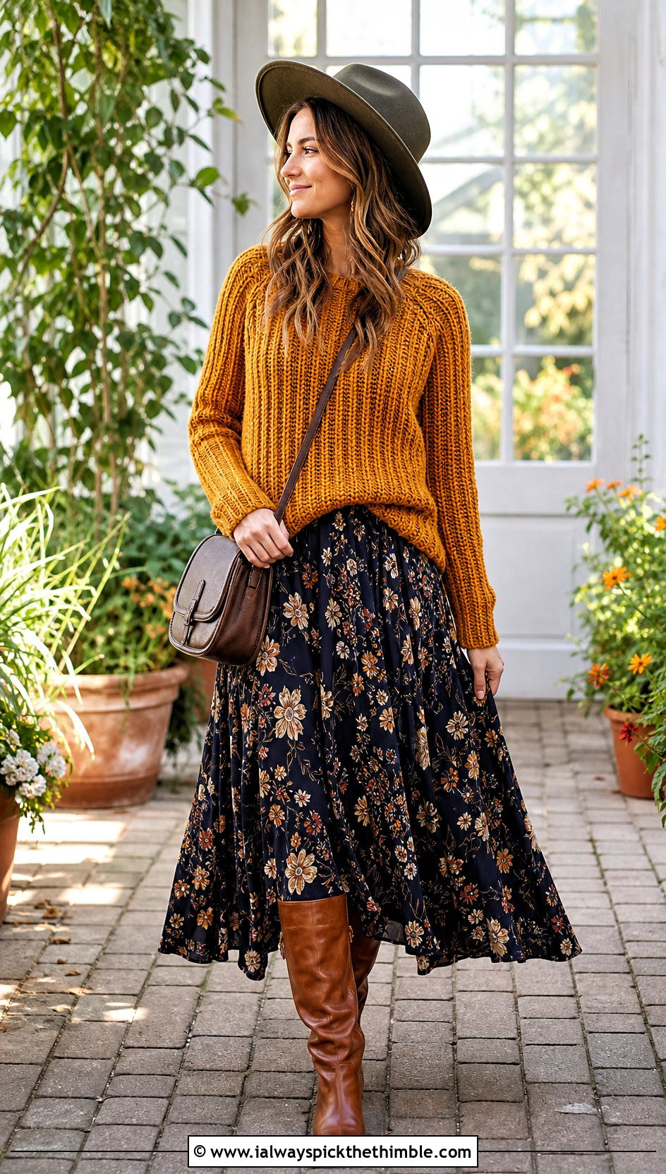 Chunky Ribbed Crochet Sweater With Printed Maxi Dress - 15 Bohemian Style Crochet Sweater outfit ideas