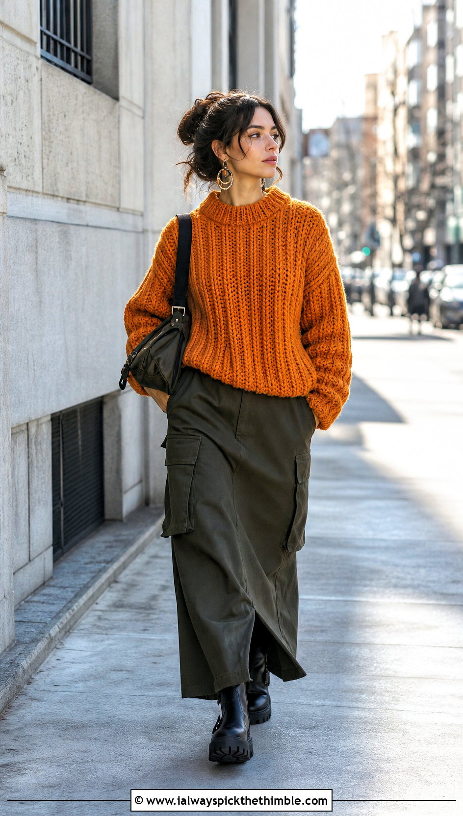 Chunky Ribbed Crochet Sweater With Utility Maxi Skirt - 20 alt crochet sweater outfit ideas