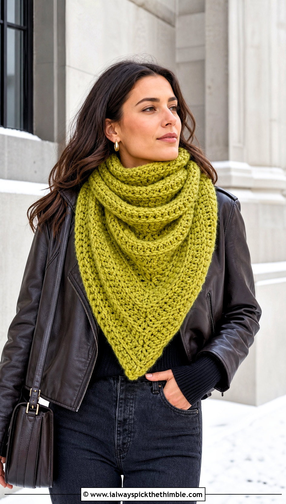 Chunky Ribbed Crochet Triangle Scarf With Leather Jacket And Boots - 25 crochet triangle scarf outfit ideas