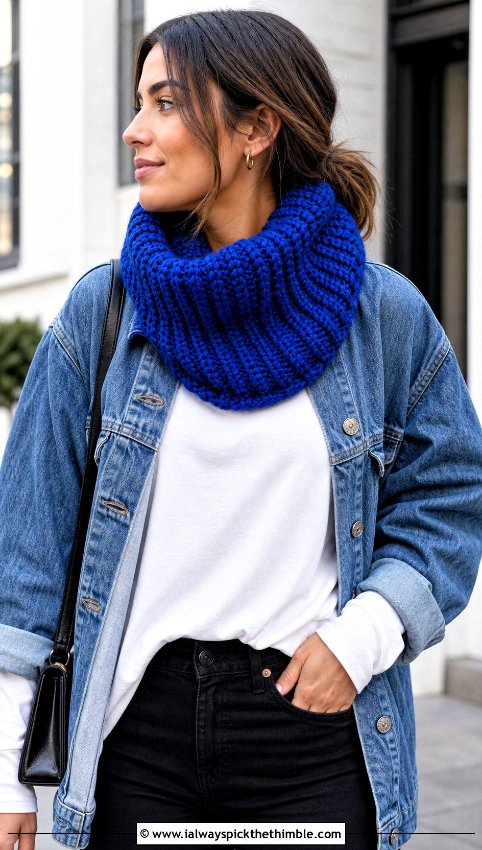 Chunky Ribbed Crochet Tube Scarf With Denim Jacket - 20 Crochet Tube Scarf outfit ideas
