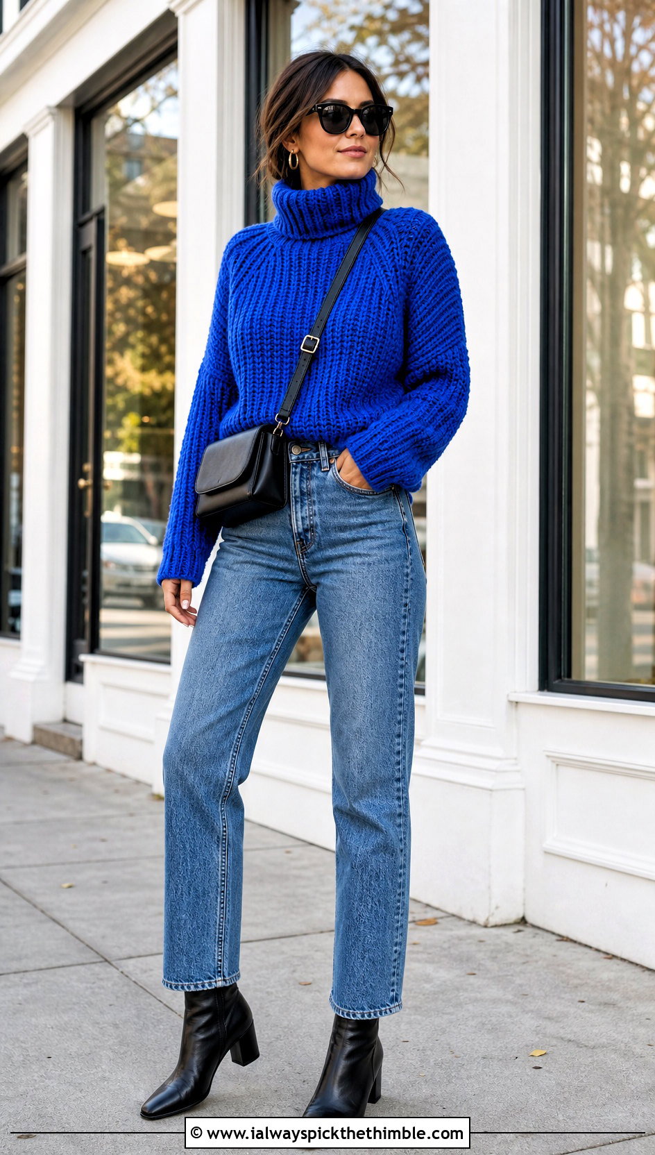 Chunky Ribbed Crochet Turtle Neck Sweater With Straight Leg Jeans - 25 crochet turtle neck sweater outfit ideas