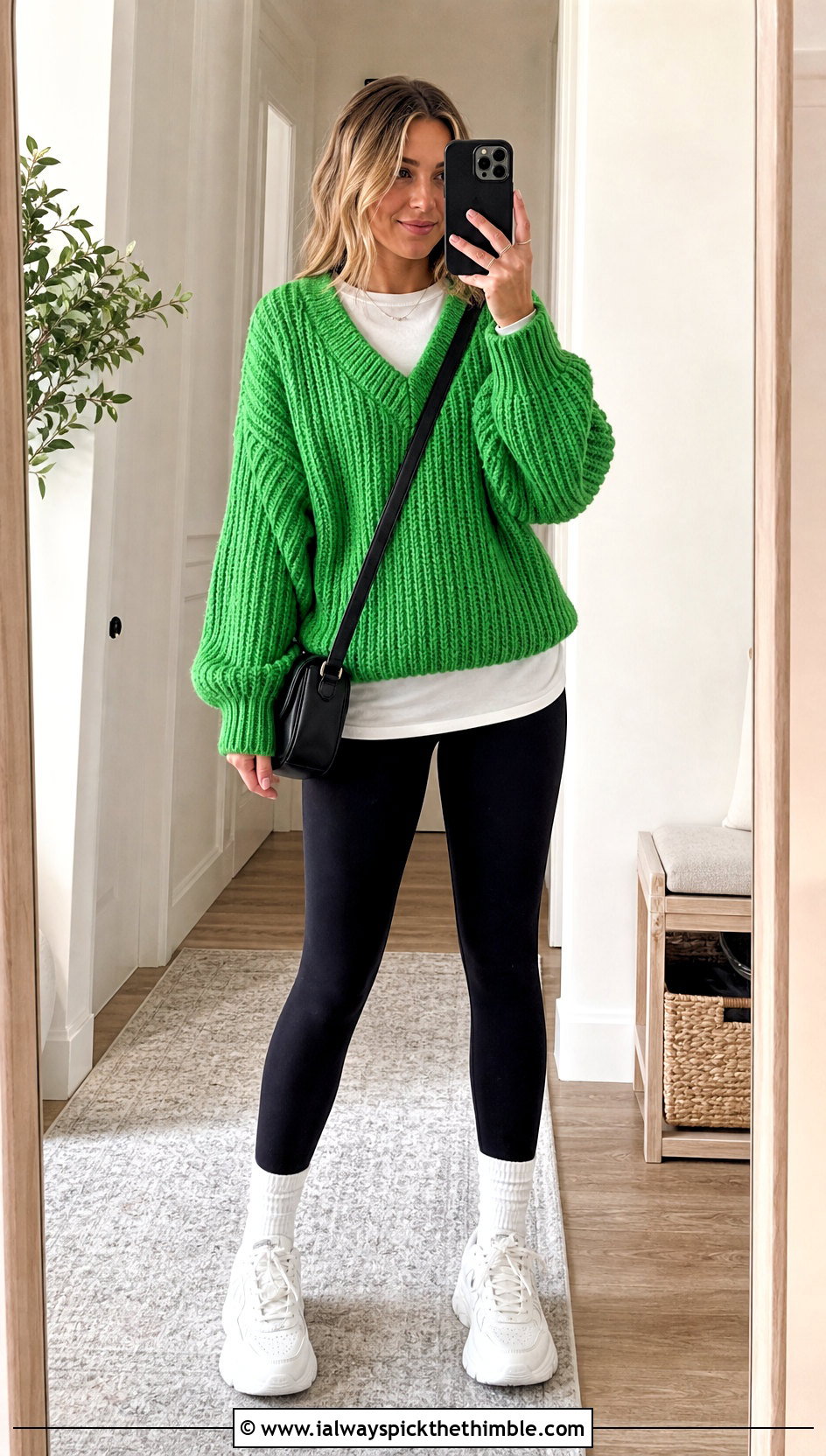 Chunky Ribbed Crochet V Neck Sweater With Leggings And Sneakers - 20 Crochet Vneck Sweater outfit ideas