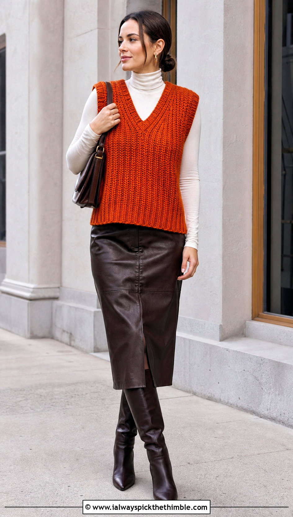 Chunky Ribbed Crochet Vest With Turtleneck And Leather Skirt - 15 Crochet For Ladies Vests outfit ideas