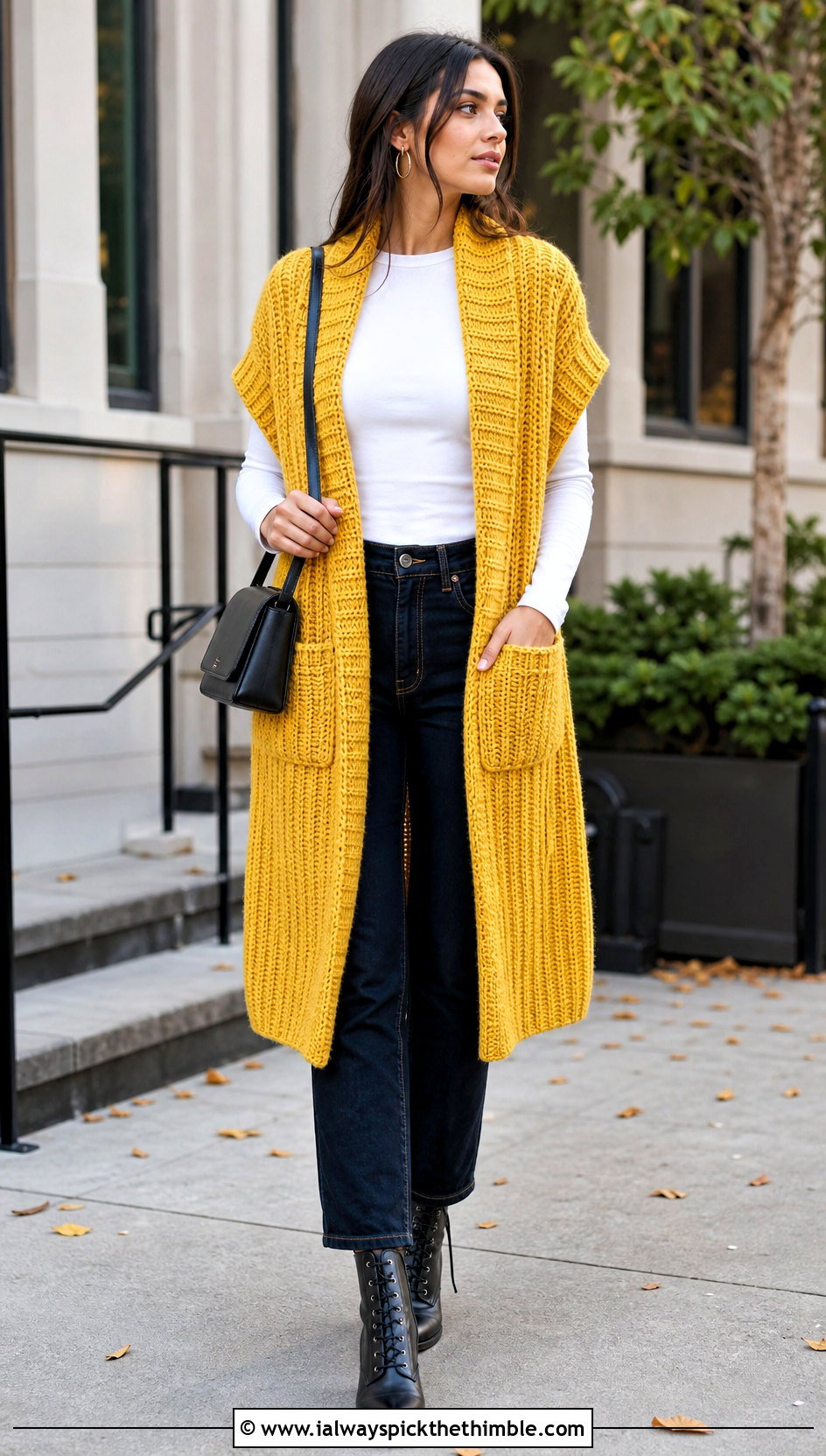 Chunky Ribbed Crochet Wrap With Straight Leg Jeans - 25 crochet wrap with pockets outfit ideas