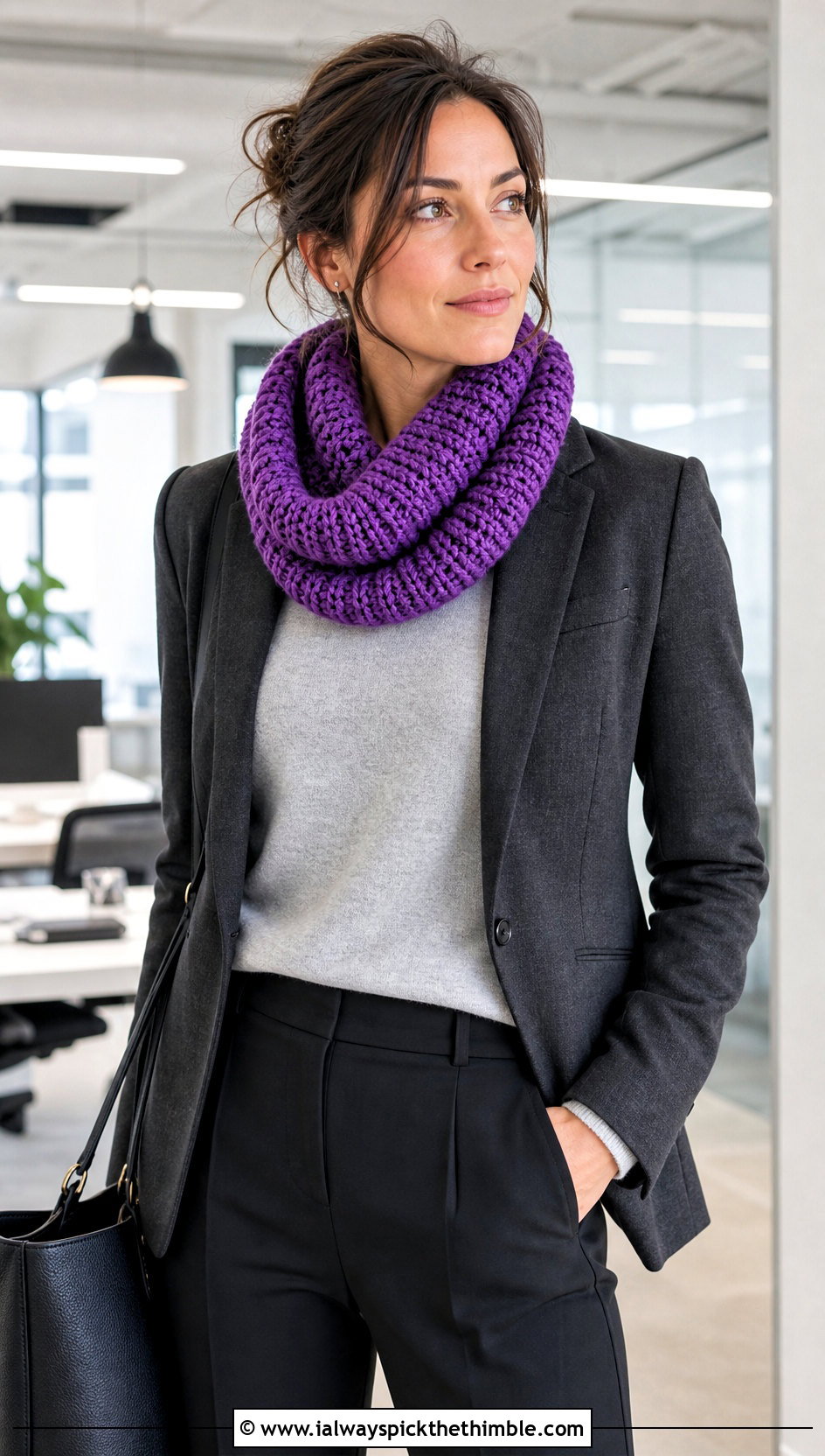 Chunky Ribbed Crocheted Cowl With Blazer - 20 Crocheted Cowl outfit ideas