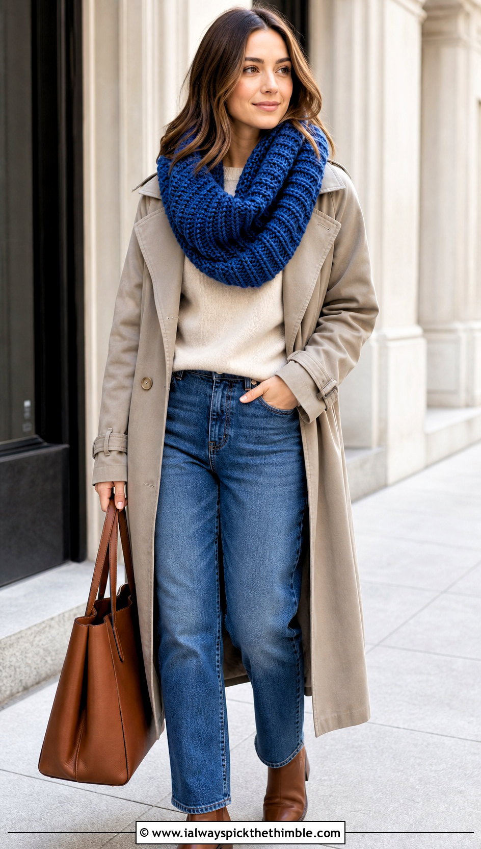 Chunky Ribbed Crocheted Infinity Scarf With Trench Coat - 20 Crocheted Infinity Scarf outfit ideas