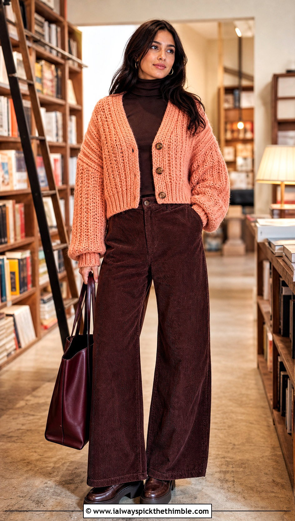 Chunky Ribbed Cropped Cardigan With Corduroy Pants - 25 crochet cropped cardigan outfit ideas