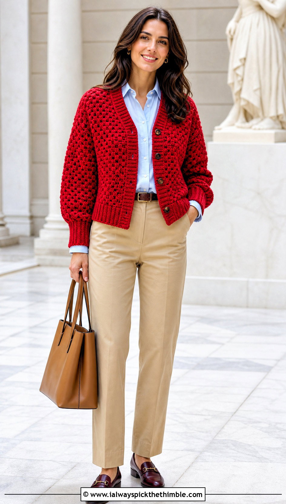 Chunky Ribbed Cuff Hexagon Cardigan With Chinos - 20 chunky crochet hexagon cardigan outfit ideas