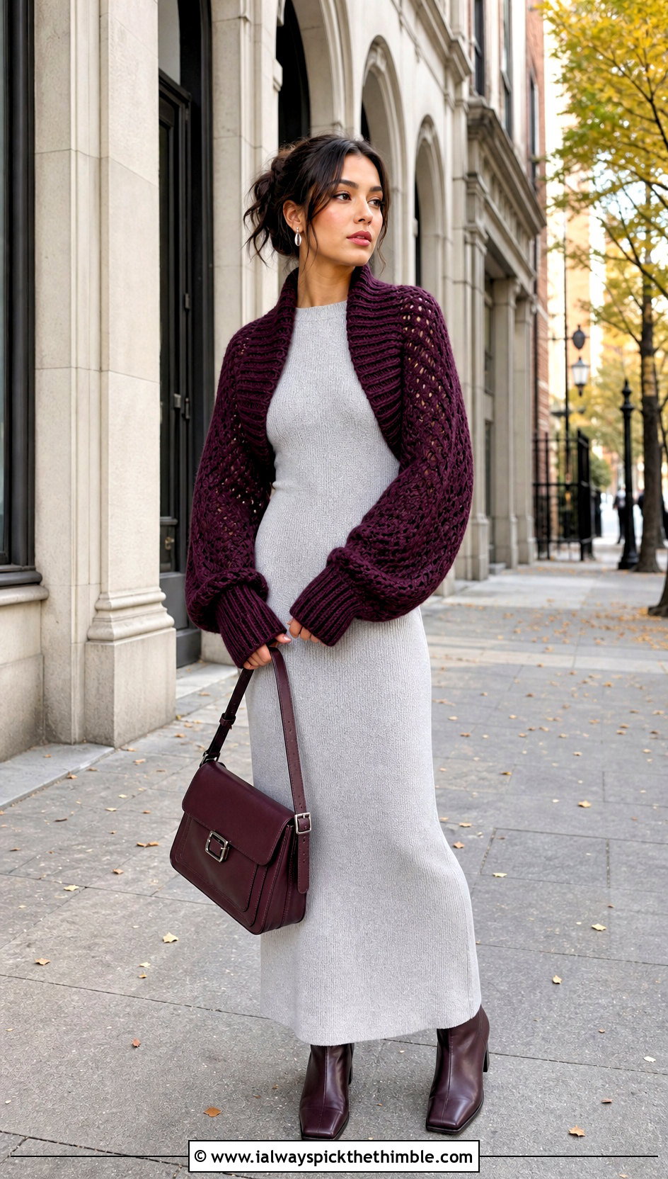 Chunky Ribbed Cuff Y2K Crochet Shrug With Knit Maxi Dress - 15 Y2K Crochet Shrug outfit ideas