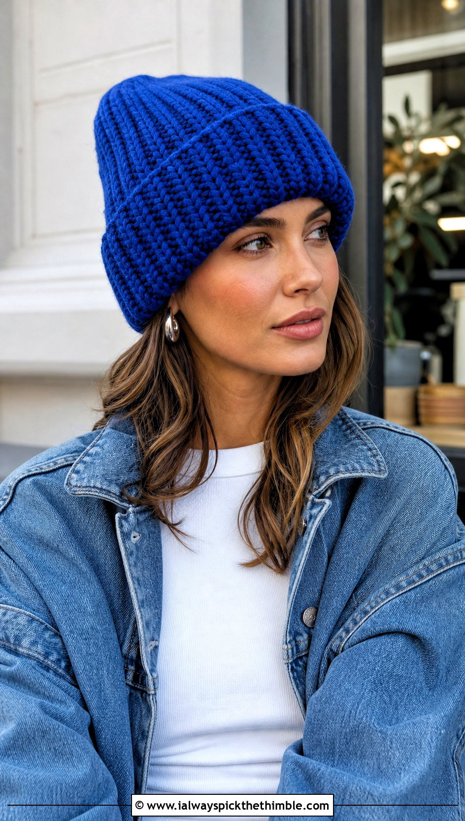 Chunky Ribbed Fold Over Beanie With Denim Jacket - 20 chunky yarn crochet beanie outfit ideas
