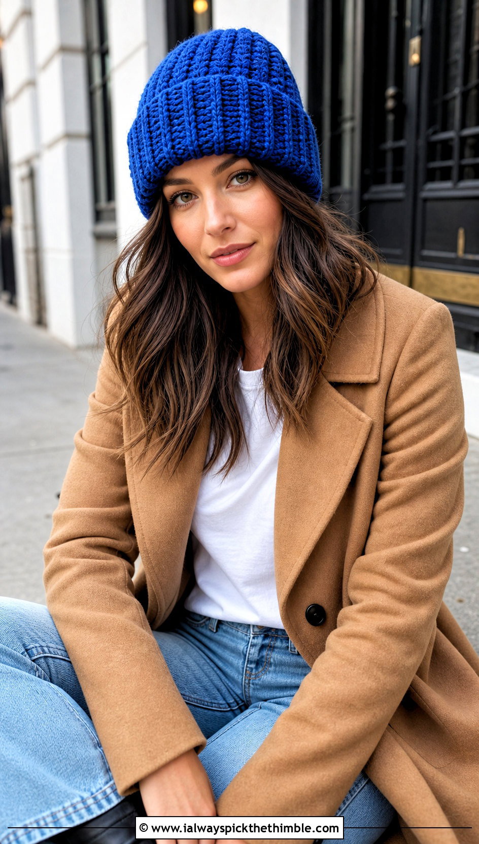 Chunky Ribbed Folded Brim Crochet Beanie With Straight Leg Jeans - 25 chunky crochet beanie outfit ideas