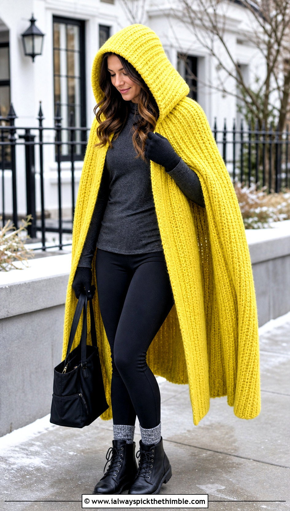 Chunky Ribbed Hooded Crochet Cape With Leggings - 20 Hooded Crochet Cape outfit ideas