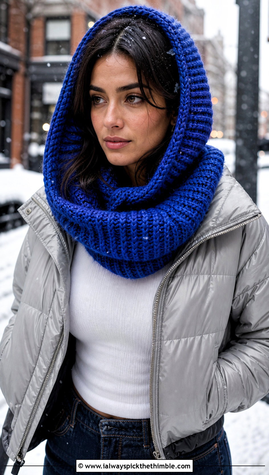 Chunky Ribbed Hooded Crochet Cowl Snood With Puffer Jacket - 20 hooded crochet cowl snood outfit ideas