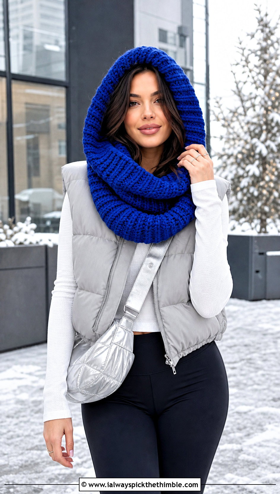 Chunky Ribbed Hooded Infinity Scarf With Puffer Vest - 15 crochet infinity scarf with hood outfit ideas