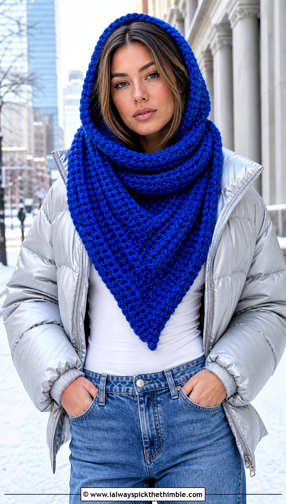 Chunky Ribbed Hooded Triangle Crochet Scarf With Straight Leg Jeans - 20 Hooded Triangle Crochet Scarf outfit ideas