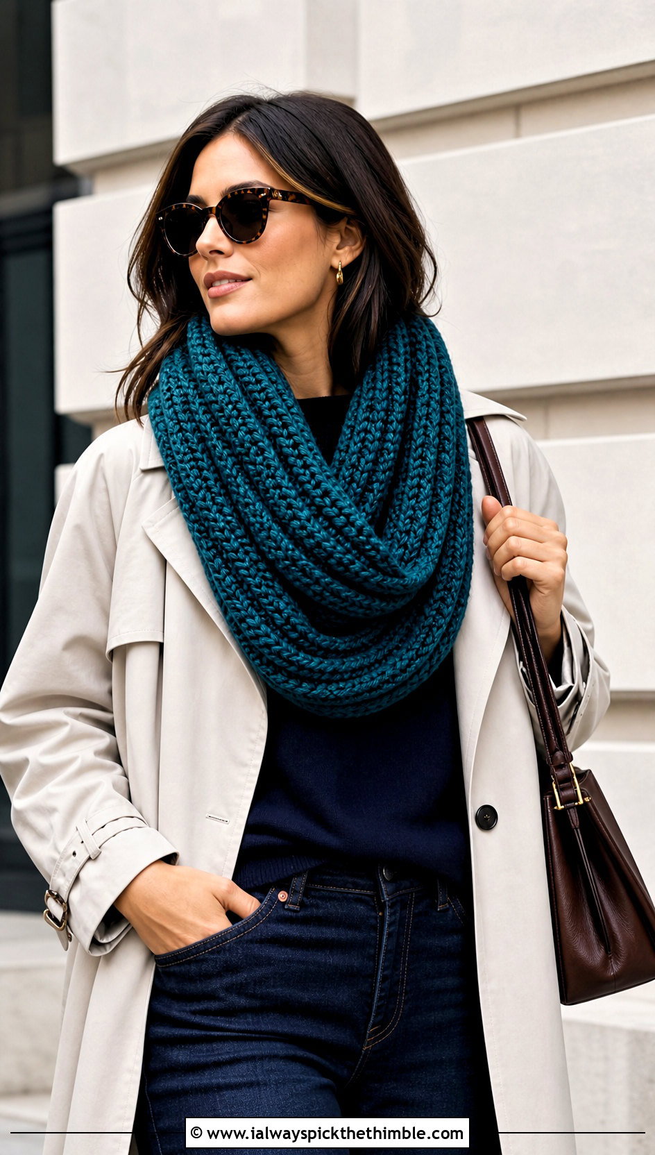Chunky Ribbed Infinity Crochet Scarf With Trench Coat - 25 fall crochet scarf outfit ideas