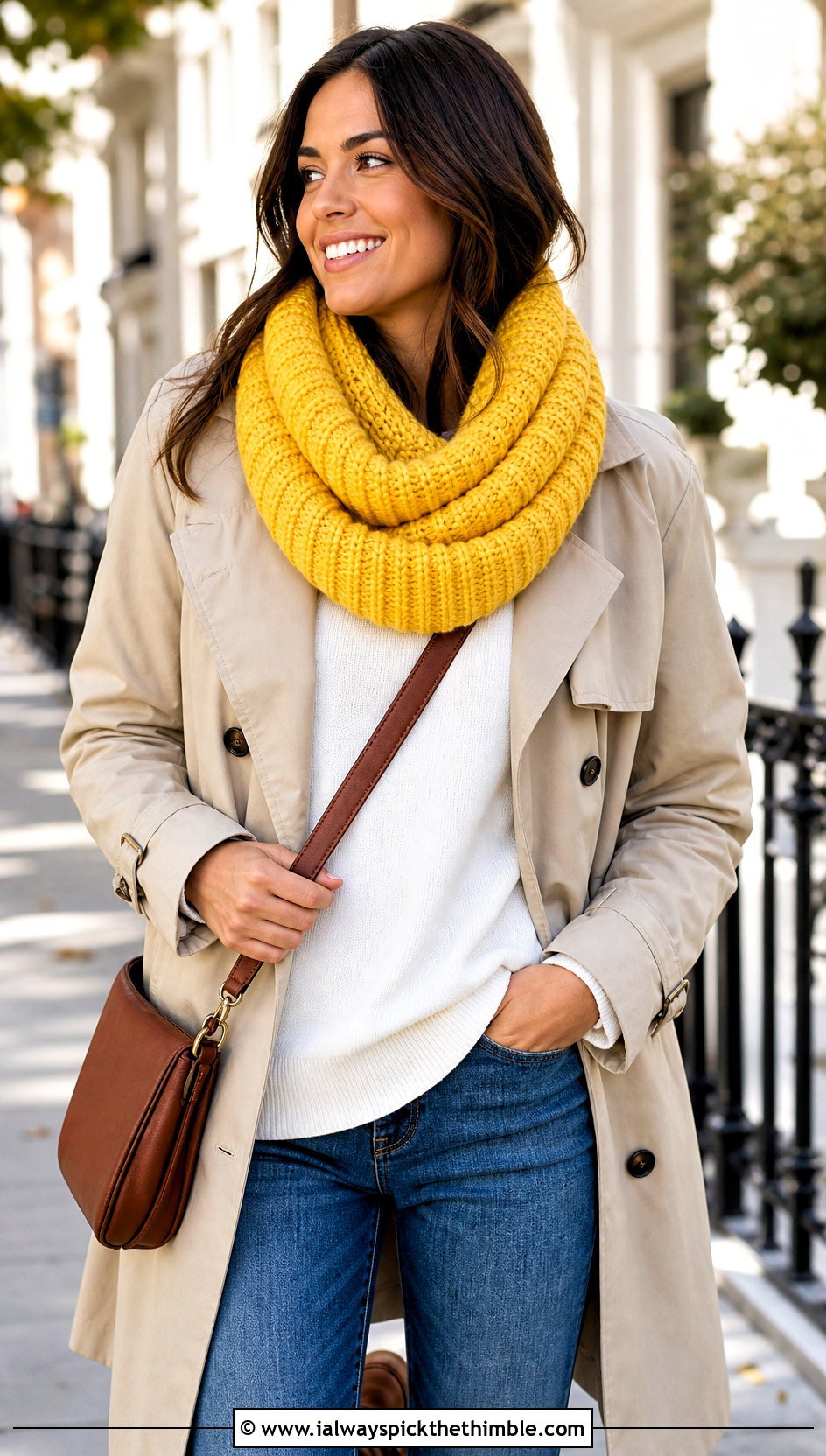 Chunky Ribbed Infinity Crochet Scarf With Trench Coat - 15 Infinity Crochet Scarf outfit ideas