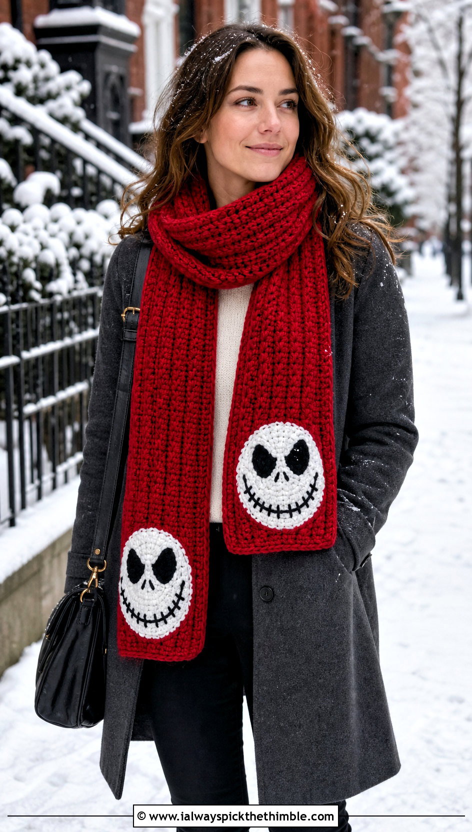 Chunky Ribbed Jack Skellington Crochet Scarf With Wool Coat - 20 Crochet Jack Skellington Scarf outfit ideas