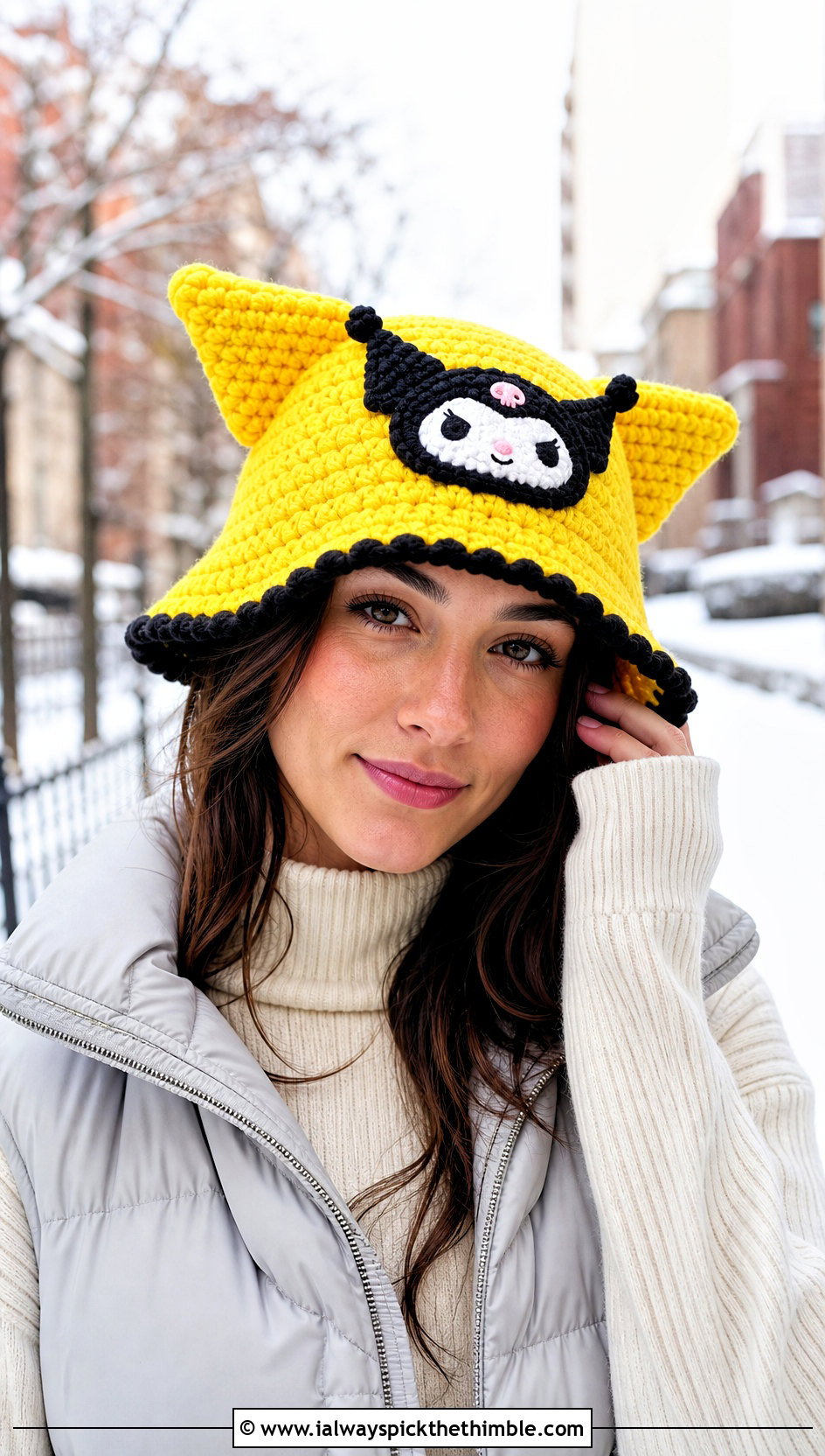 Chunky Ribbed Kuromi Crochet Bucket Hat With Puffer Vest - 15 Kuromi Crochet Bucket Hat outfit ideas