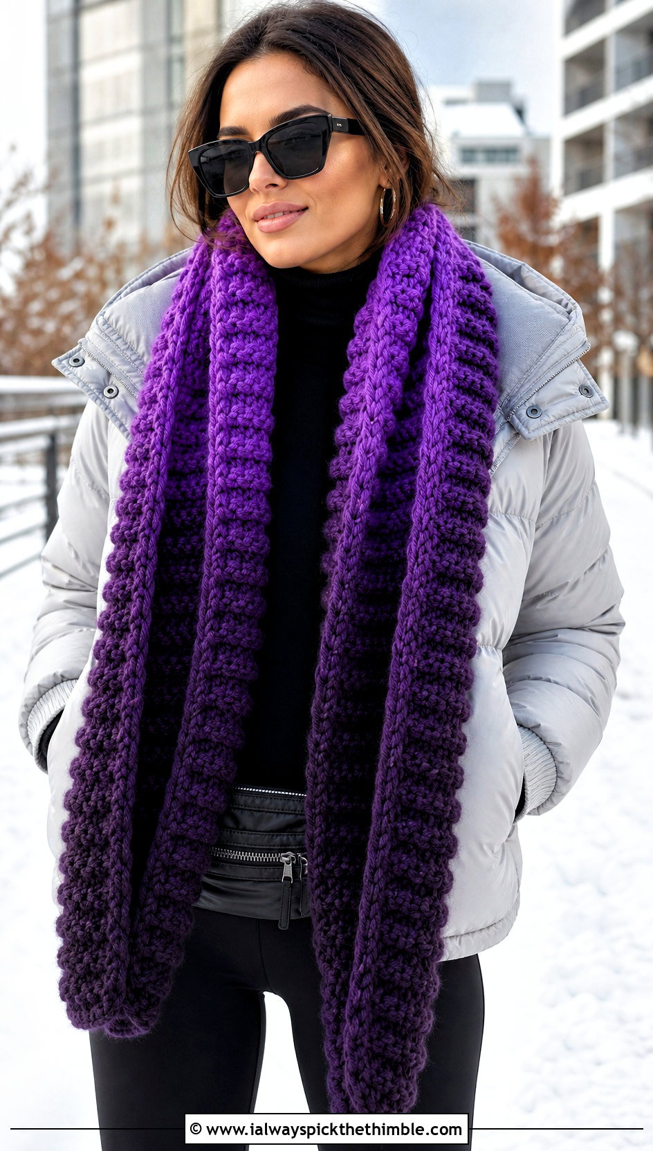 Chunky Ribbed Ombre Crochet Scarf With Puffer Jacket - 20 Ombre Crochet Scarf outfit ideas