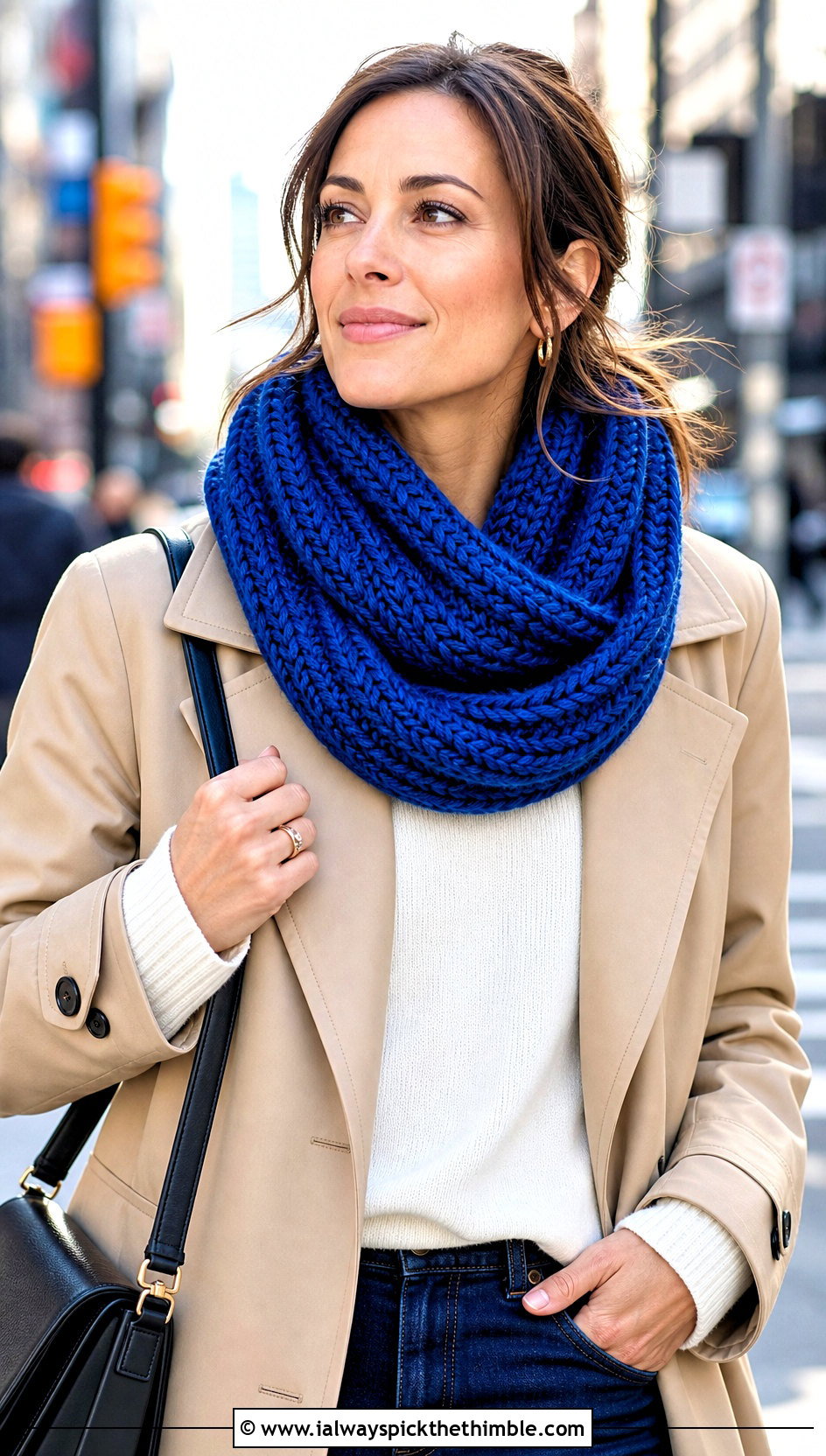 Chunky Ribbed Oversized Crochet Infinity Scarf With Trench Coat - 15 Oversized Crochet Infinity Scarf outfit ideas