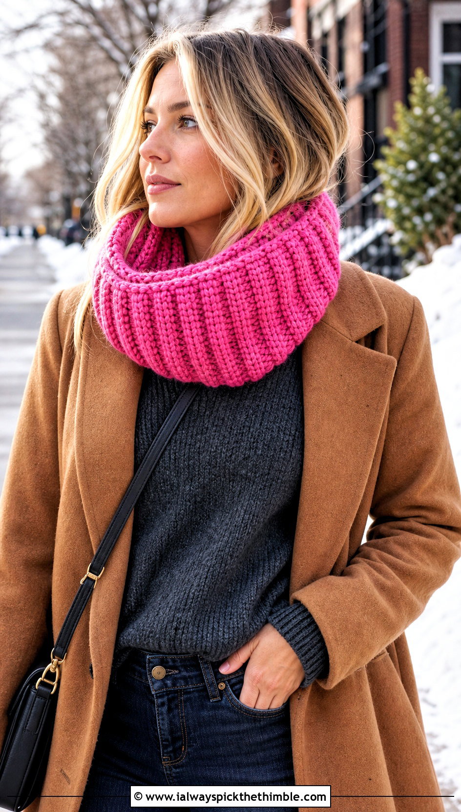 Chunky Ribbed Pink Crochet Cowl With Wool Coat - 15 pink crochet cowl outfit ideas