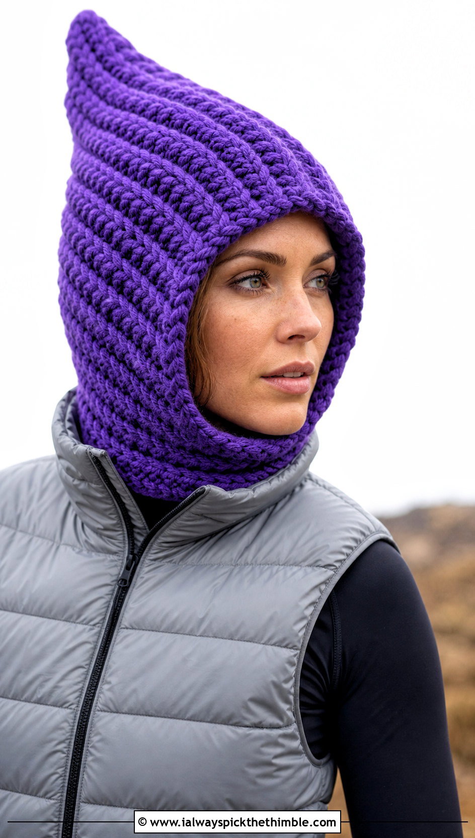 Chunky Ribbed Pixie Hood With Puffer Vest And Leggings - 20 crochet pixie hat outfit ideas