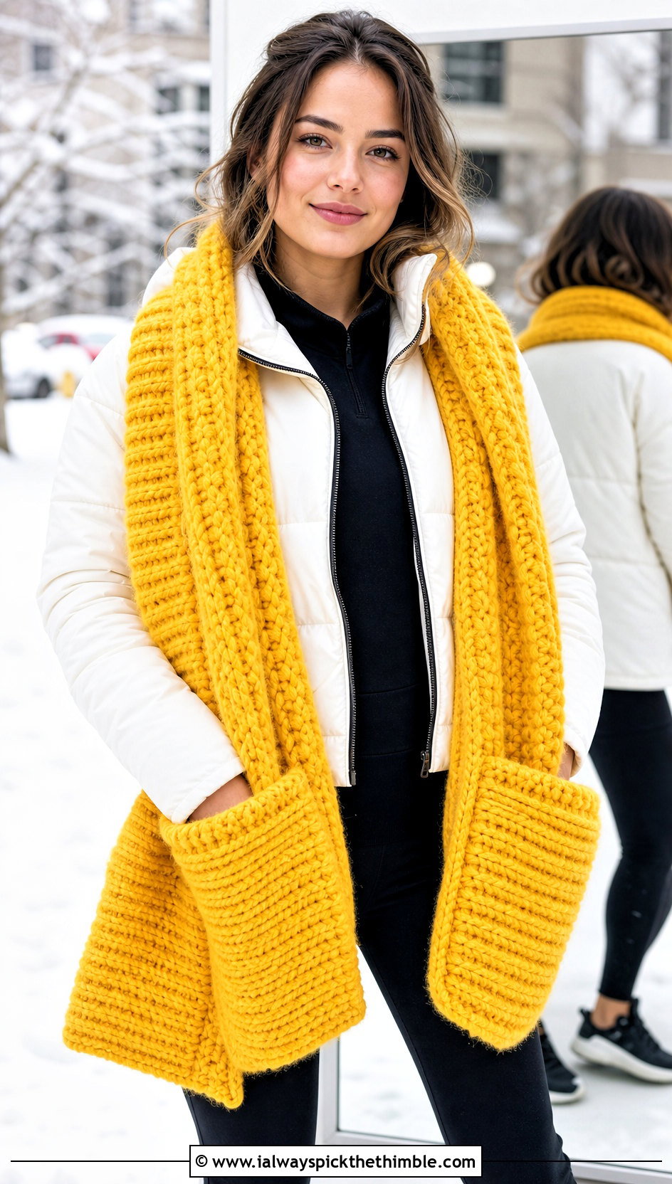 Chunky Ribbed Pocket Scarf With Puffer Jacket - 20 crochet pocket scarves outfit ideas