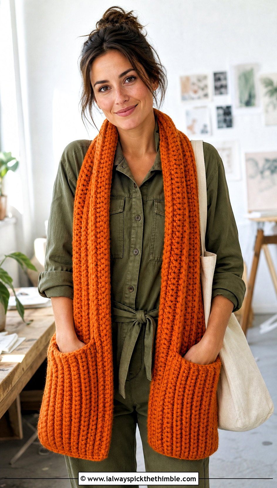 Chunky Ribbed Pocket Scarf With Utility Jumpsuit - 20 Crochet Pocket Scarf Shawl outfit ideas