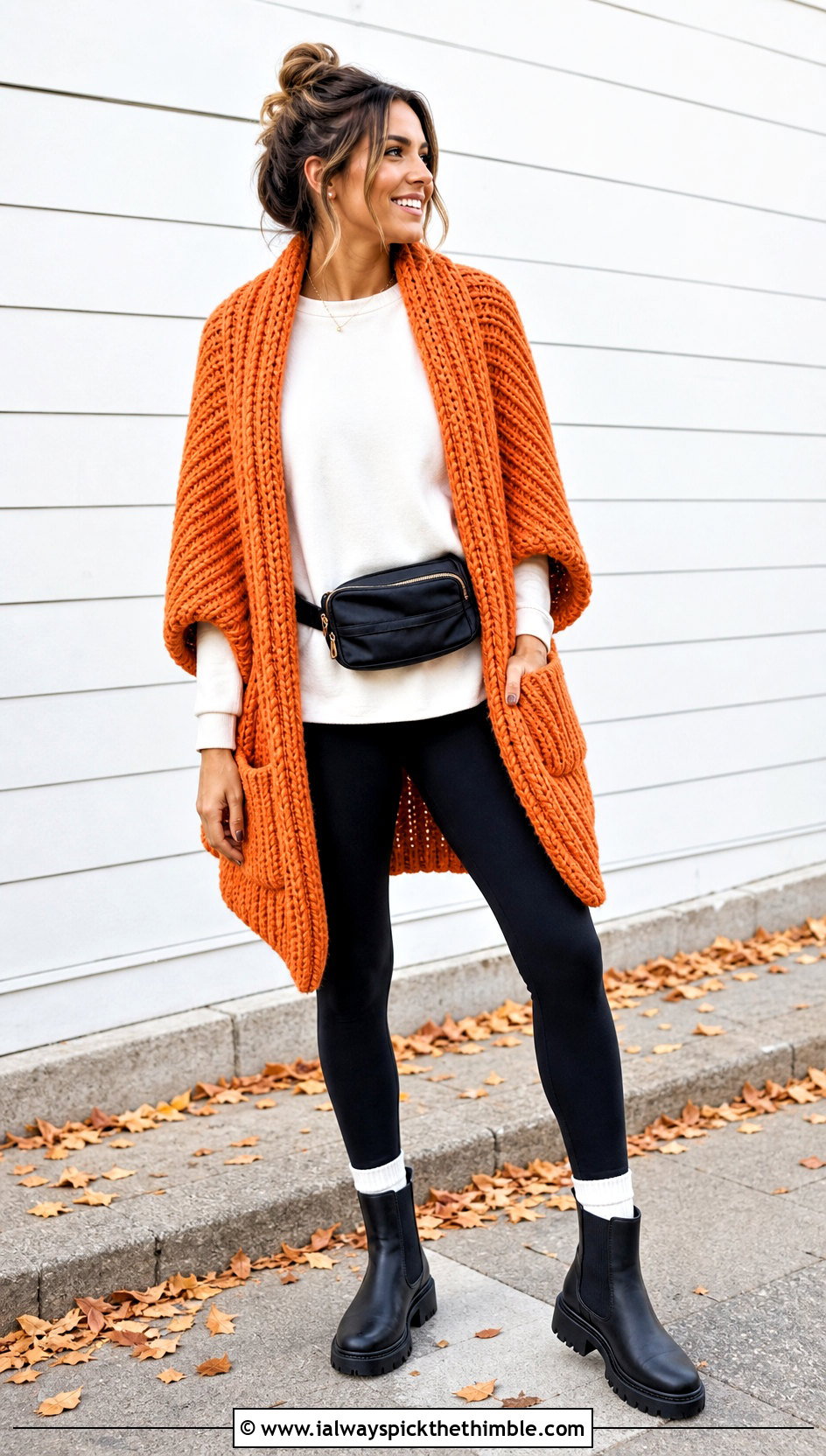 Chunky Ribbed Pocket Shawl With Leggings - 15 Crochet Shawls And Wraps With Pockets outfit ideas