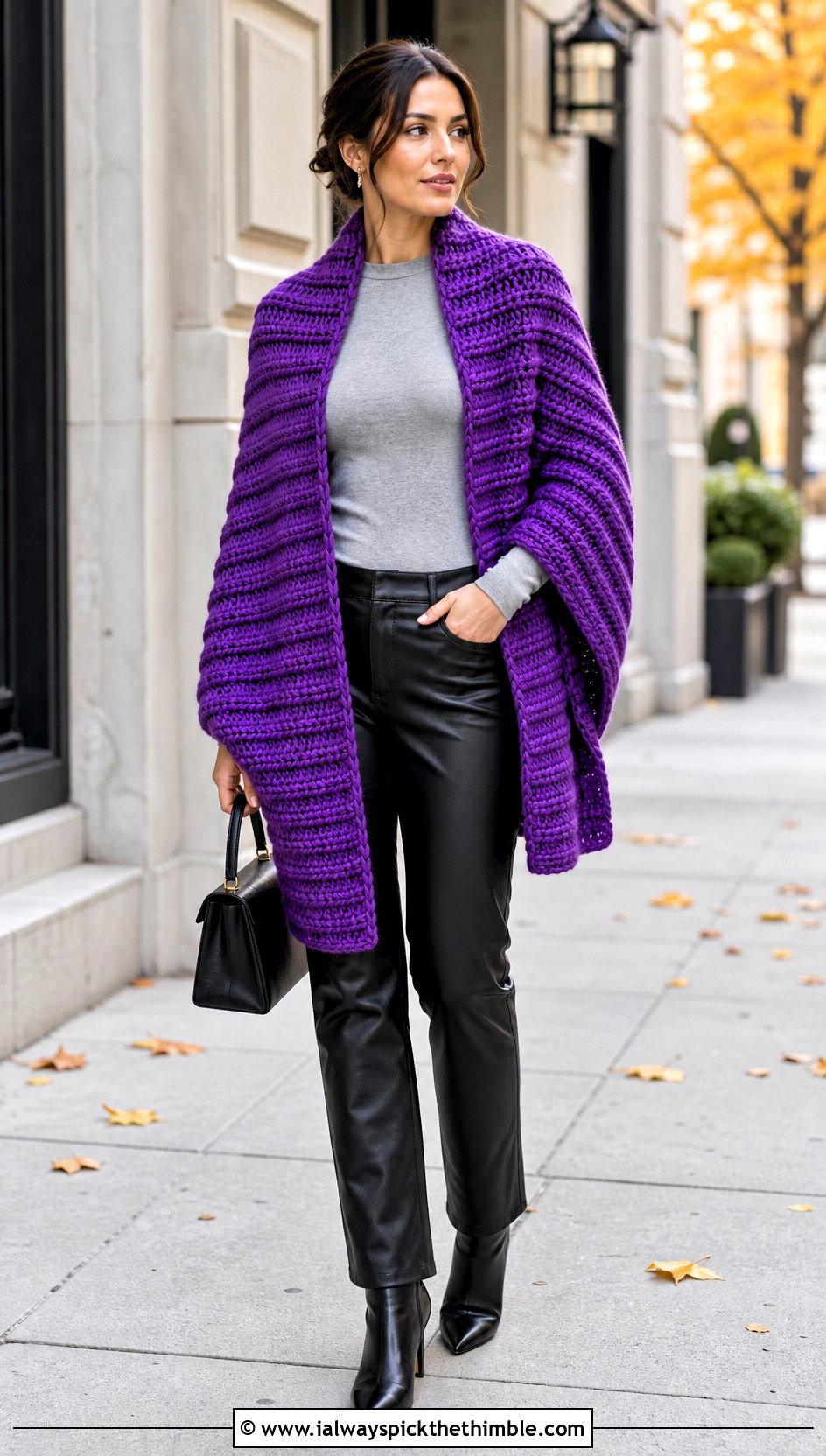 Chunky Ribbed Rectangle Crochet Shawl With Leather Pants - 20 Easy Rectangle Crochet Shawl outfit ideas