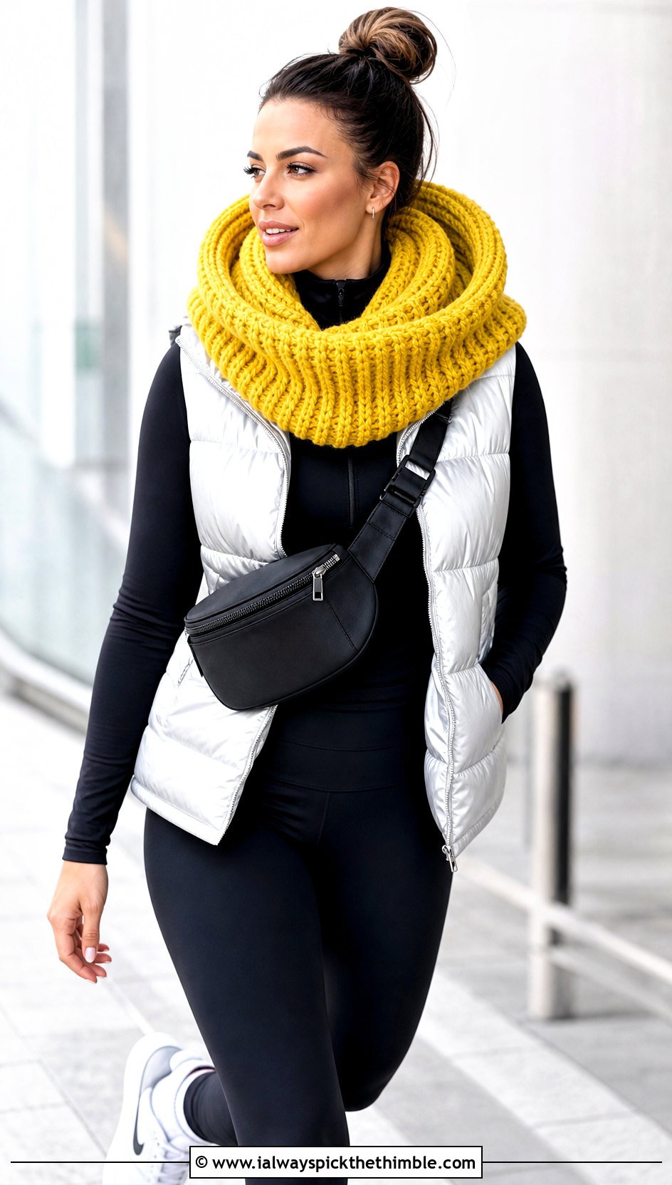 Chunky Ribbed Scoodie With Leggings And Puffer Vest - 20 crochet scarf hood outfit ideas