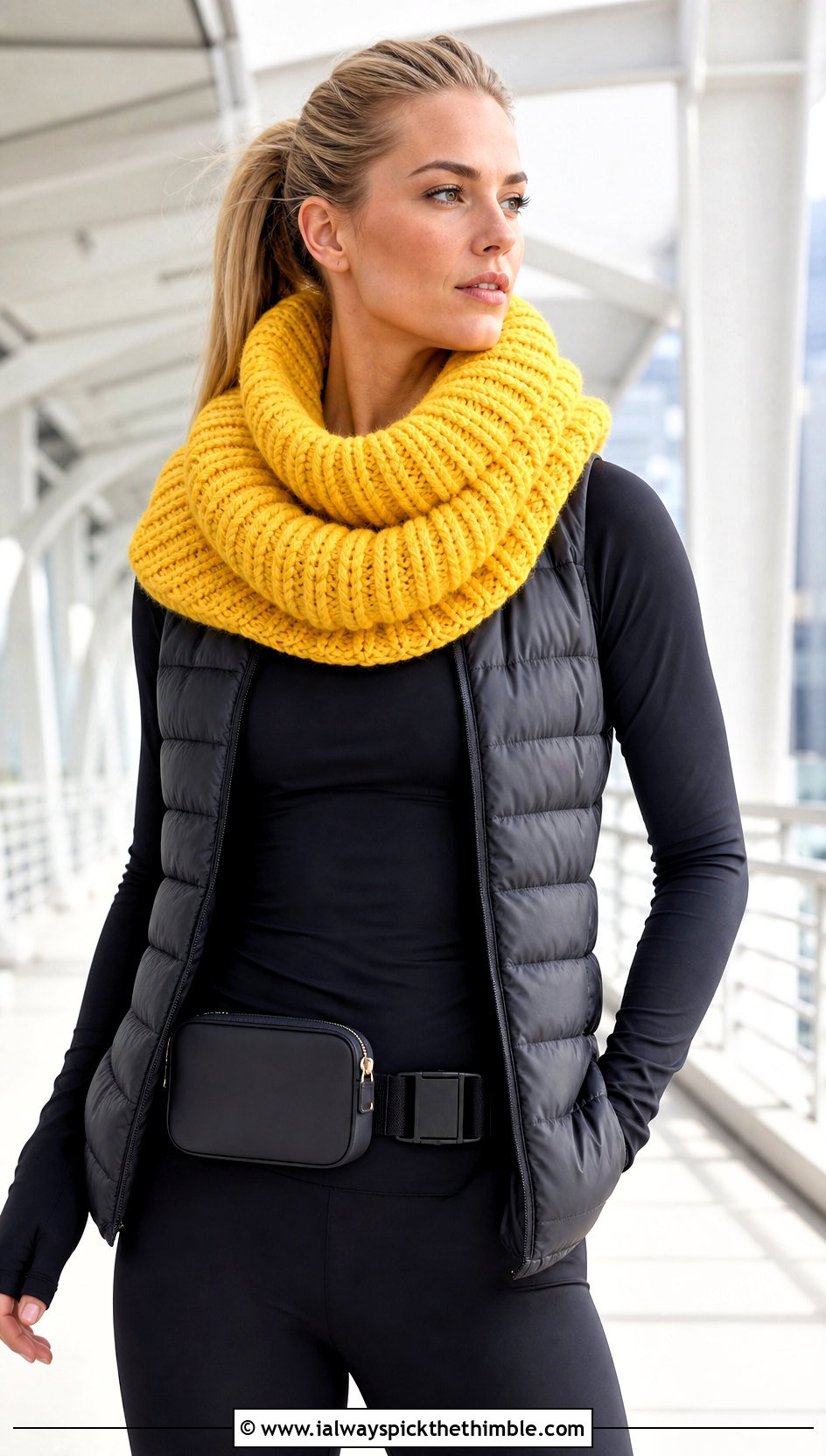 Chunky Ribbed Scoodie With Puffer Vest And Leggings - 25 crochet hooded scarf outfit ideas