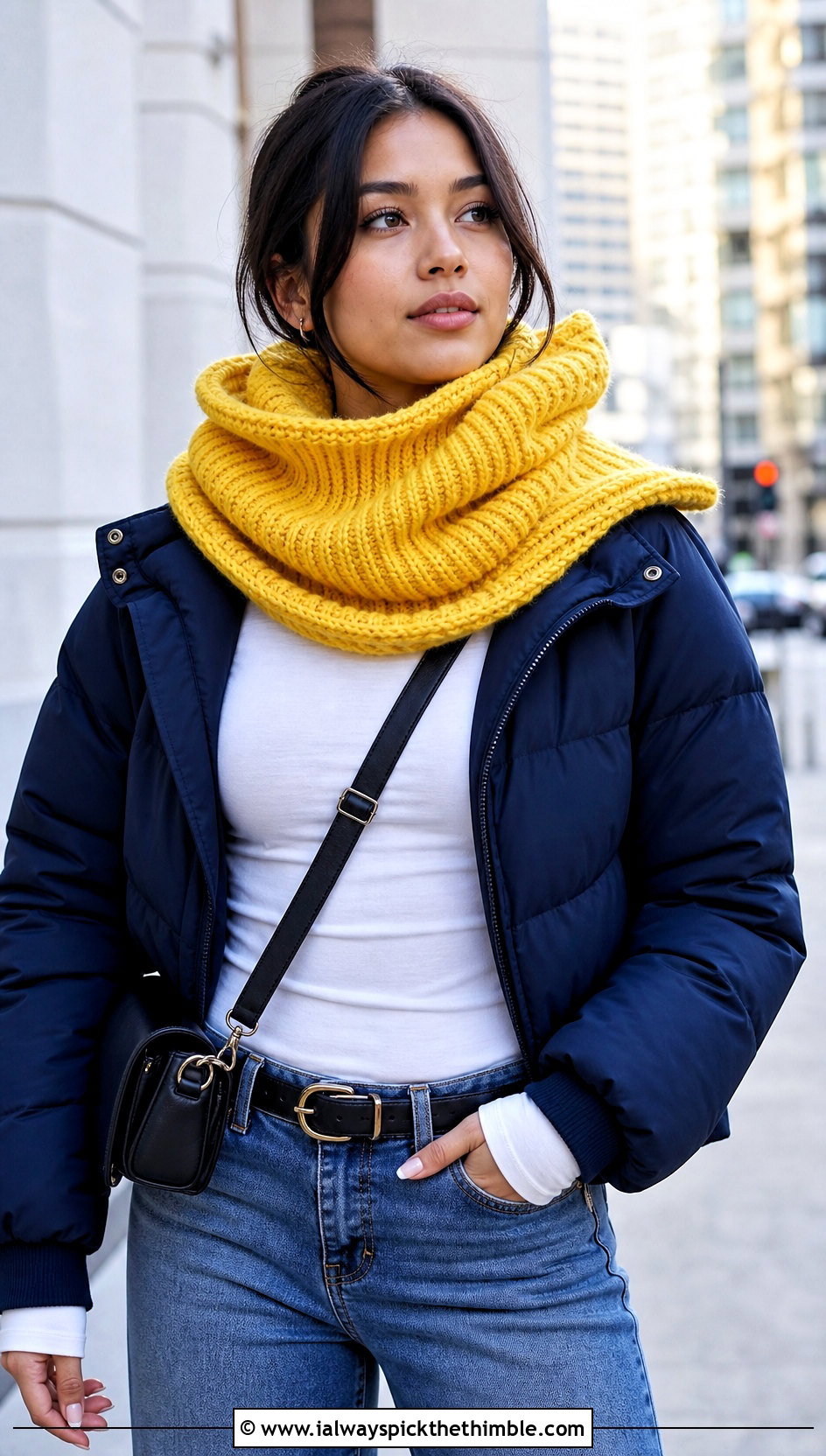 Chunky Ribbed Scoodie With Straight Leg Jeans - 20 Crochet Hoodie Scarf outfit ideas