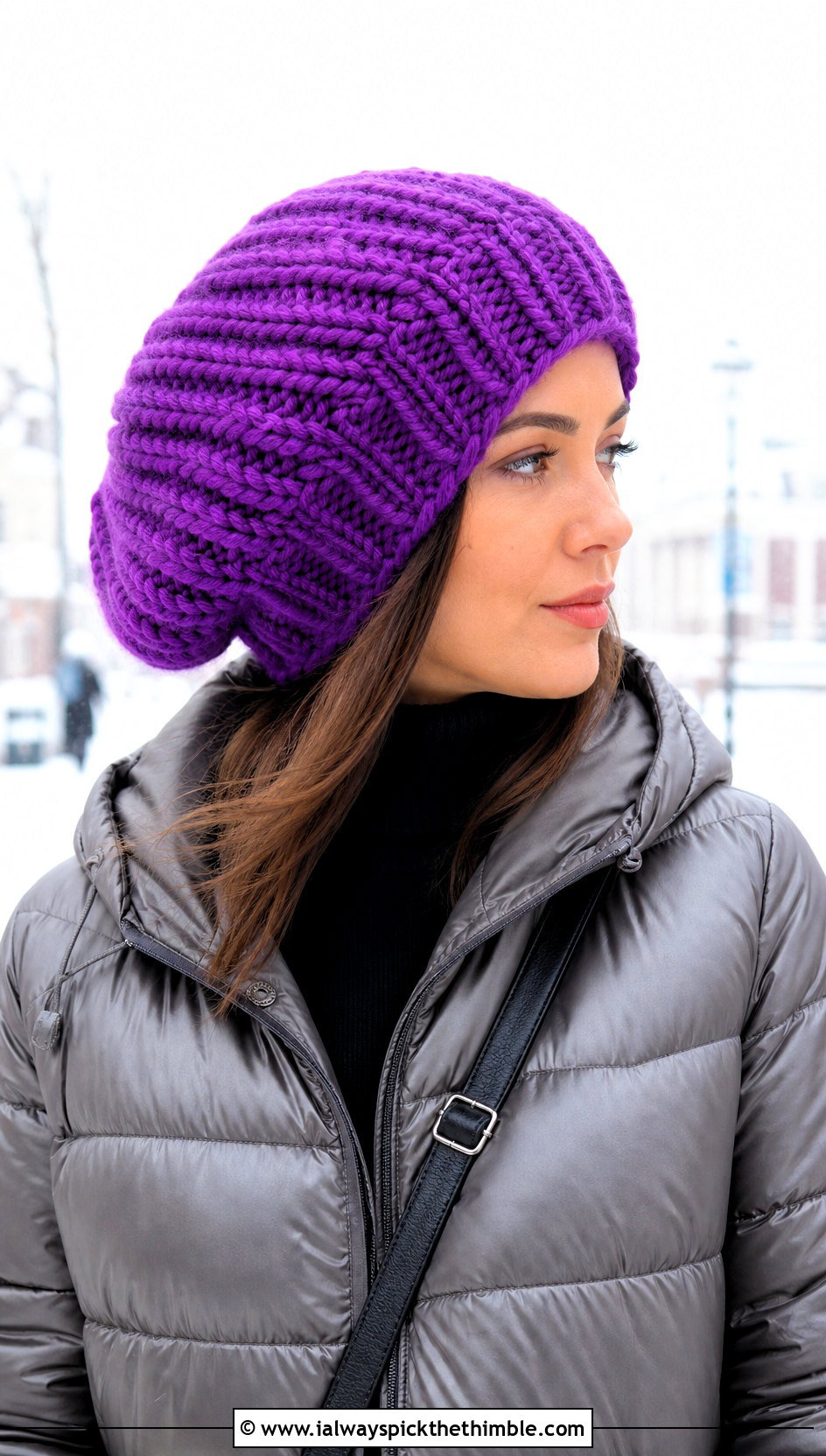 Chunky Ribbed Slouchy Crochet Beret With Puffer Jacket - 20 Slouchy Crochet Beret outfit ideas