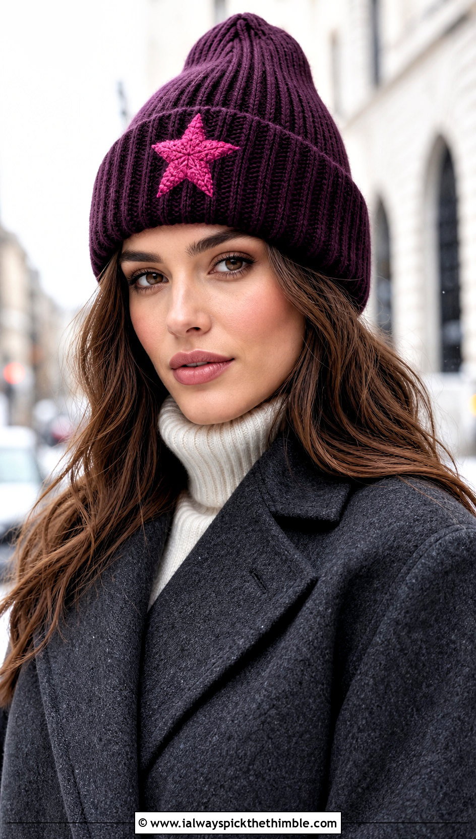 Chunky Ribbed Star Beanie With Wool Coat - 25 crochet star beanie outfit ideas