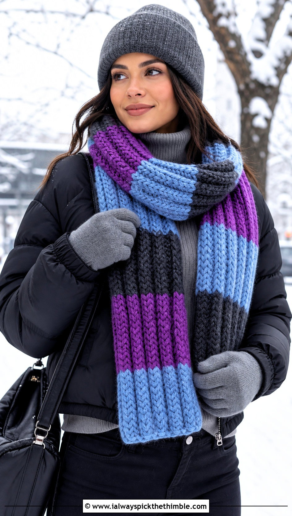 Chunky Ribbed Striped Crochet Scarf With Puffer Coat - 20 striped crochet scarf outfit ideas