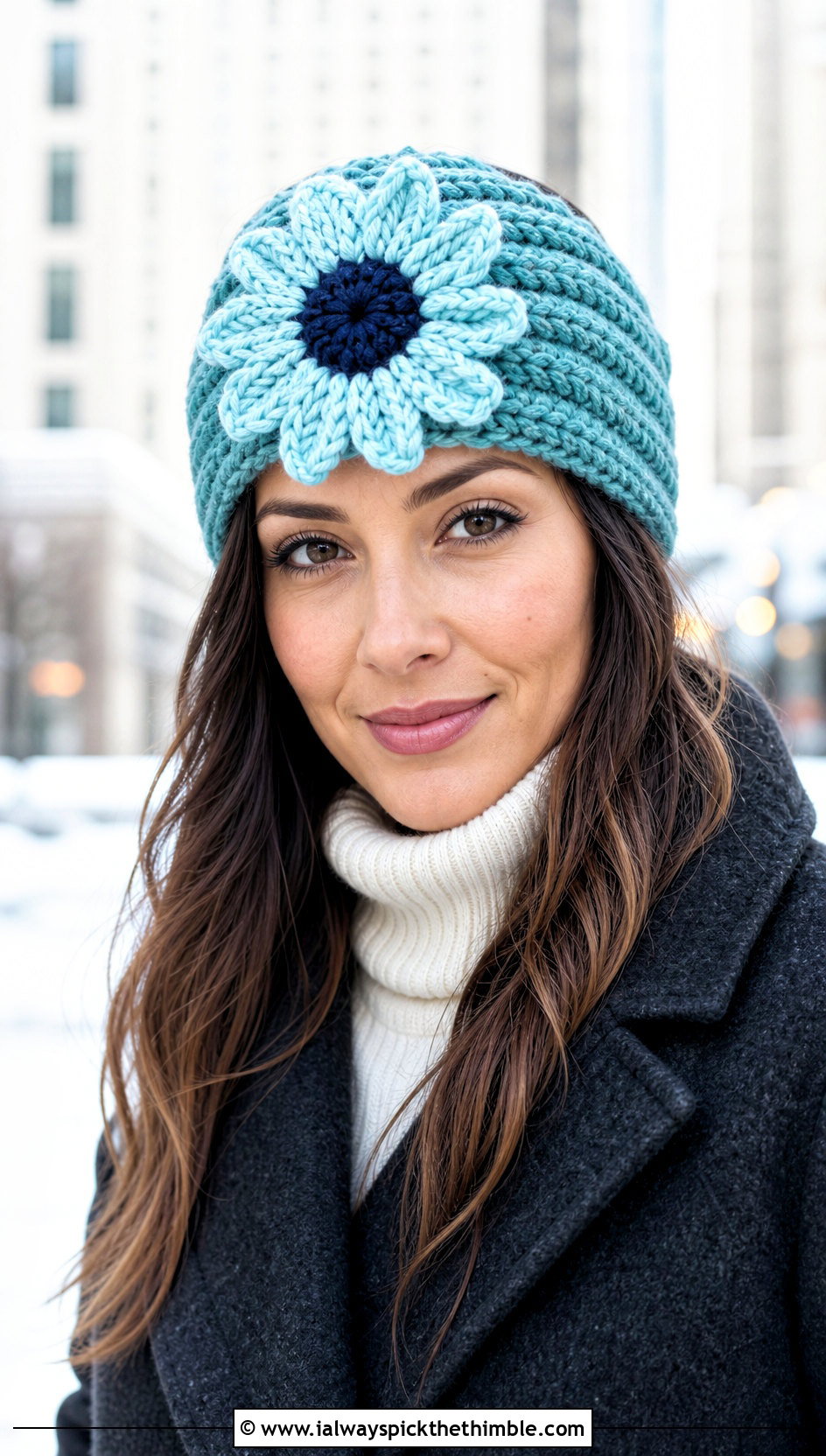 Chunky Ribbed Sunflower Crochet Headband With Winter Coat - 20 Crochet Sunflower Headband outfit ideas