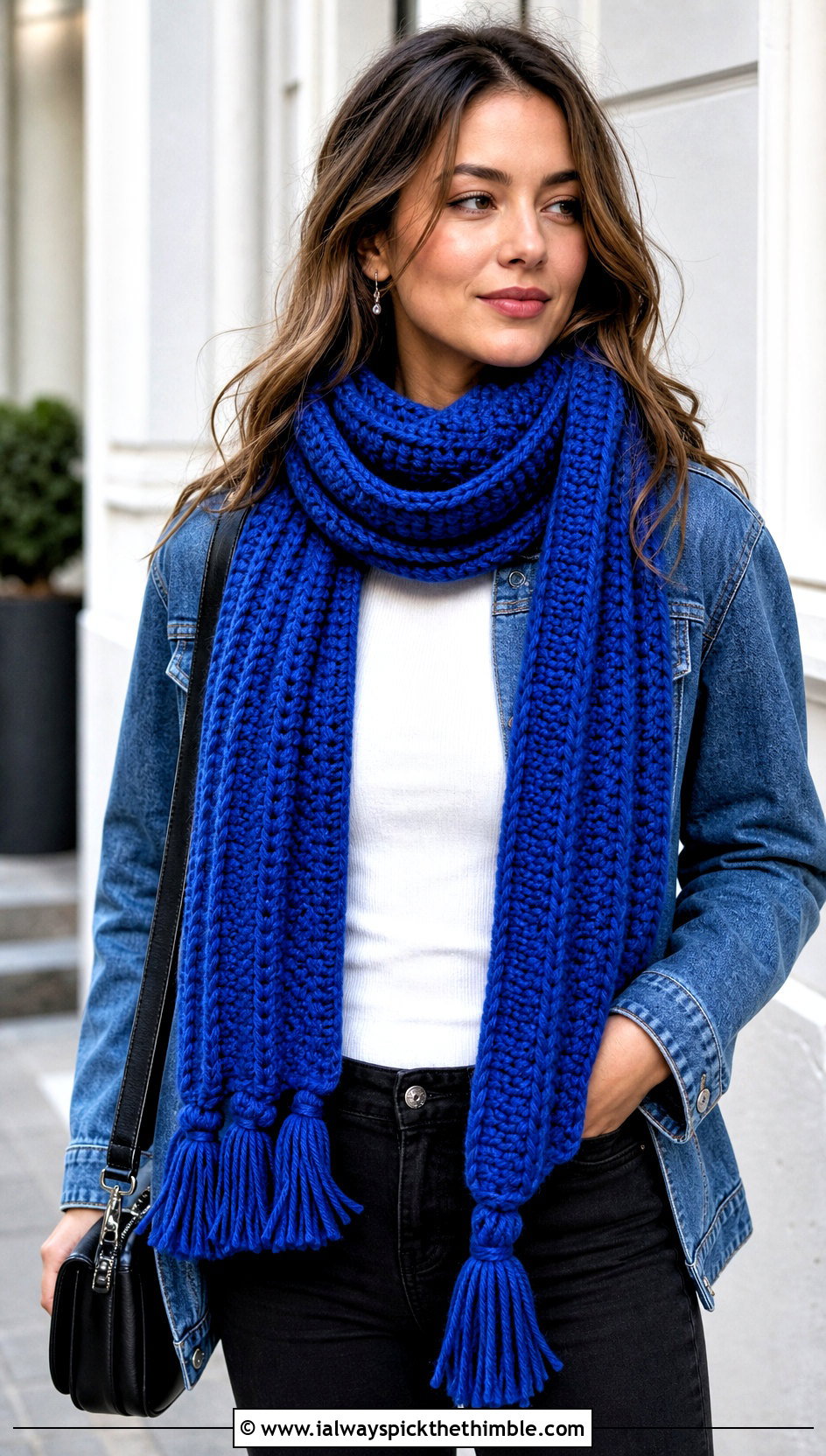 Chunky Ribbed Tassel Crochet Scarf With Denim Jacket - 15 Crochet Scarves Chunky Yarn outfit ideas