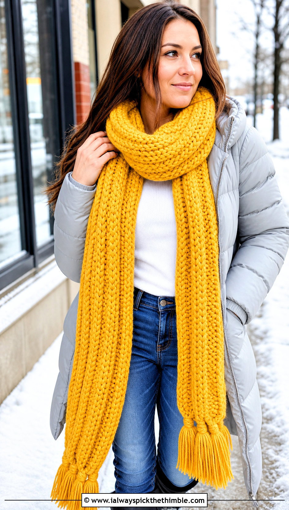 Chunky Ribbed Tassel Crochet Scarf With Puffer Coat And Jeans - 15 Winter Crochet Scarf Design outfit ideas