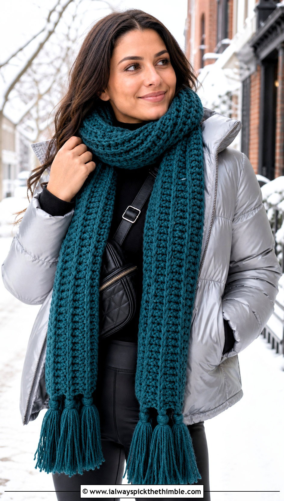 Chunky Ribbed Tassel Crochet Scarf With Puffer Jacket - 20 Quick And Easy Crochet Scarf outfit ideas