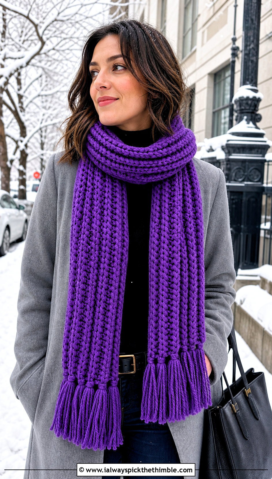 Chunky Ribbed Tassel Crochet Scarf With Wool Coat - 25 fun crochet scarf outfit ideas