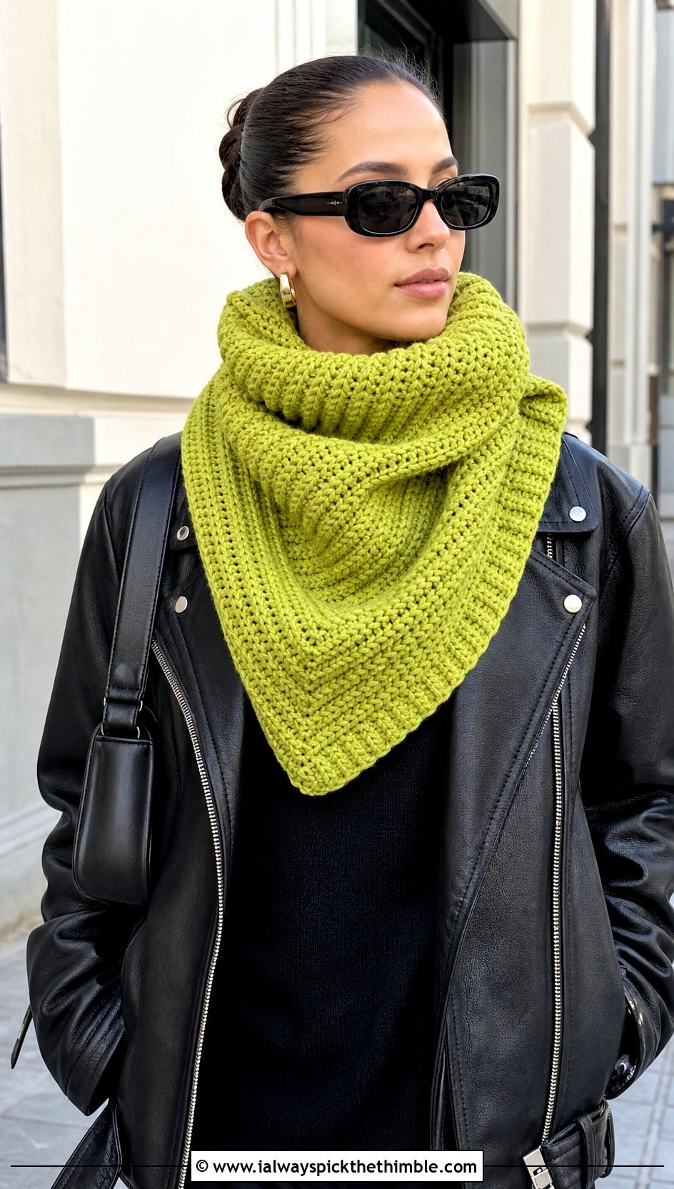 Chunky Ribbed Triangle Crochet Shawl With Leather Jacket - 20 triangle crochet shawls outfit ideas